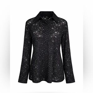 Exclusively Misook Black Sheer Lace Knit Rhinestone Button Down Top XL Vintage